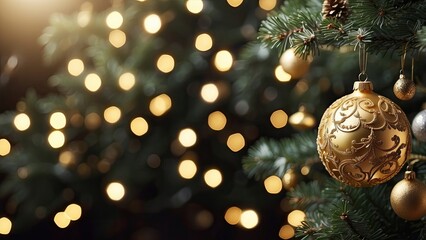 A close-up view of a decorated Christmas tree branch featuring golden ornaments
