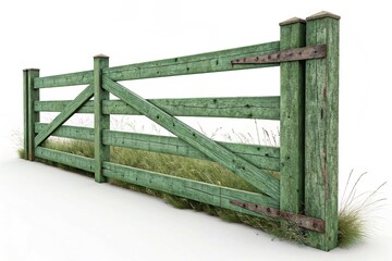 Obraz premium Green wooden fence isolated on white. A rustic green wooden fence isolated on a white background, symbolizing privacy and outdoor spaces