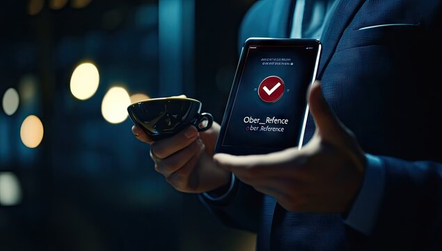 Man in suit holding espresso and tablet showing security check - Powered by Adobe