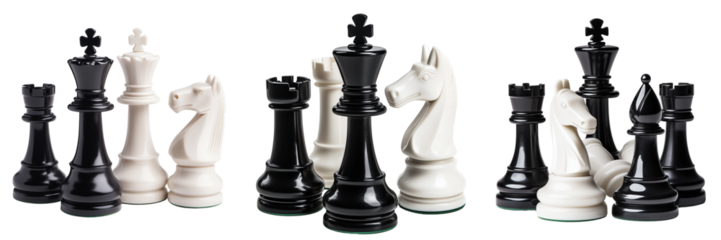 Set of A lone, royal-looking ivory bishop chess piece with polished surface texture and slight reflection on transparent png background. Ai generated