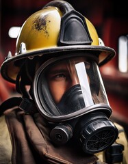 Fototapeta premium Close-Up of Firefighter Helmet and Mask with Soot Marks