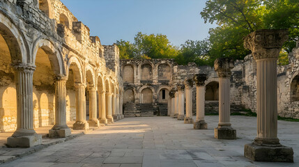 Obraz premium Ancient Stone Courtyard With Columns And Arches