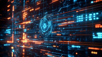 Cybernetic Core: Abstract digital art featuring a futuristic interface with glowing orange and blue lines, nodes, and data streams. The central core pulsates with energy.