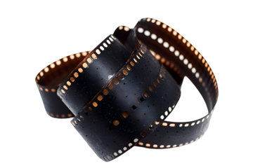 Curled photographic film strip, showing sprocket holes and image frames, against a transparent background