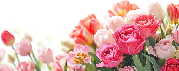 Vibrant bouquet of pink and peach tulips and roses against a bright white backdrop