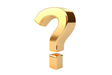 A gleaming gold question mark symbol against a stark transparent background. Glossy and three-dimensional