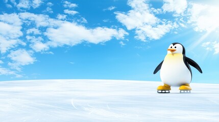 Obraz premium Happy little penguin ice skating on frozen lake winter wonderland animation bright blue sky joyful scene