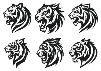 A tiger head logo and tattoo on a white background that is completely silhouetted. Wild animal.