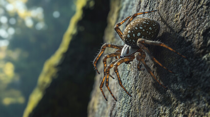 A striking spider with a glossy body, perched on a wall, high-definition details making each tiny .