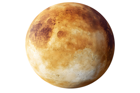 Brown planet floats against a transparent background. Craters, textured surface, and varied earthy tones