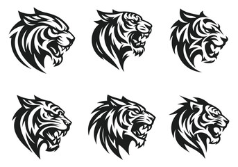 A tiger head logo and tattoo on a white background that is completely silhouetted. Wild animal.