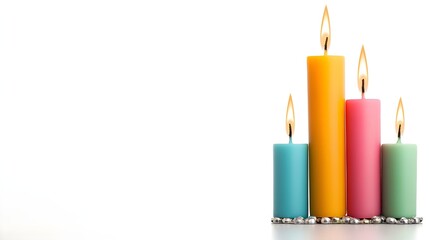 Colorful candles with flames, arranged in a decorative holder, set against a minimalist white background.