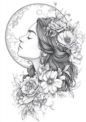 Moon with Flower Queens Coloring Pages