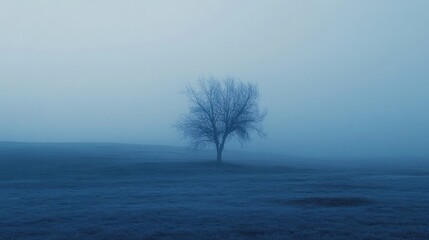 A solitary bare tree stands in a foggy field of grass