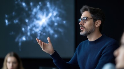 Engaging Speaker at Presentation Discussing Innovative Concepts in Technology with Audience Participation in a Modern Conference Setting