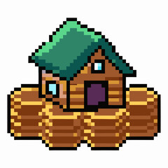 Obraz premium Pixelated Wooden House with Green Roof on Stacked Logs Retro Video Game Style
