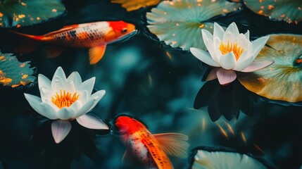 Two colorful koi fish swim near white water lilies