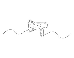 Obraz premium Horn speaker outline drawing illustration. Continuous line draw of public megaphone vector.