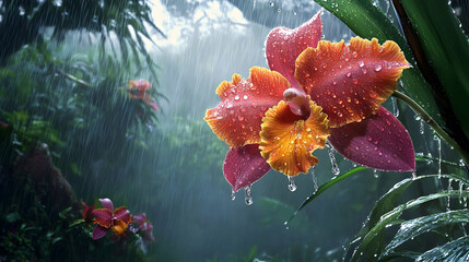 Vibrant orchid blossoms in a tropical rainforest during a monsoon shower.