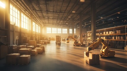 A large warehouse interior with robotic arms and boxes