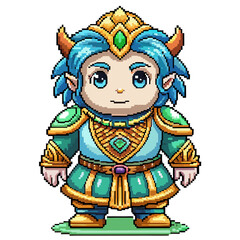Fototapeta premium Pixel Art Fantasy Elf Warrior with Blue Hair in Ornate Armor