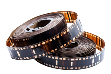 Rolled films with transparent sprocket holes are on display against a transparent background