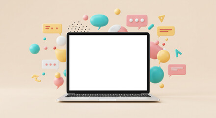 Laptop showcasing online communication pastel bubbles modern design beige background