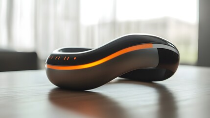 Obraz premium Smart Device: A sleek and modern smart device sits elegantly on a table, its curved form accentuated by ambient lighting, it embodies a perfect blend of design and innovation. 