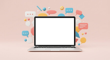 Laptop showcasing online communication vibrant speech bubbles surrounding blank screen pastel pink