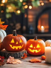 Illuminated Jack-o'-lanterns on Wooden Surface - Two carved pumpkins with lit faces sit on a wooden surface with autumn leaves, near a fireplace. Festive Halloween scene
