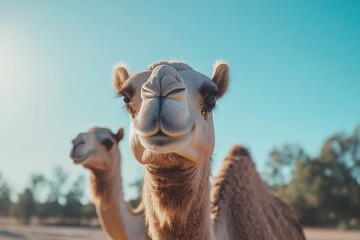 Obraz premium Close-up of a dromedary camel, another in the background, under a clear sky