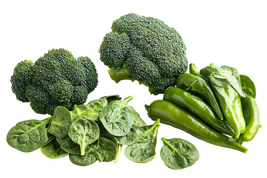 Green bounty broccoli florets, spinach leaves, and green peppers. Fresh, healthy, and vibrant on transparent background - Powered by Adobe