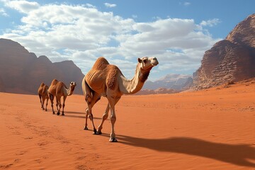 Camels traversing a red desert landscape under a partly cloudy sky.  Desert animals on a journey