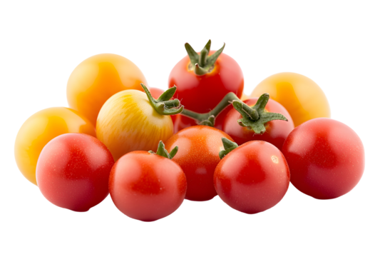 Pile of small red and yellow tomatoes with green stems. Fresh and vibrant color contrast