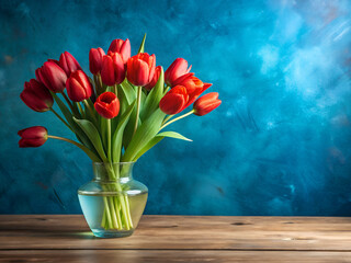 A captivating display of spring blooms tulips in a vase with space for text. Table adorned with red tulips in a ceramic vase against a blue wall.