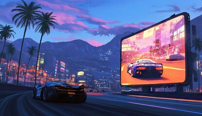 A futuristic race car,  speeding down a highway,  with a large game screen displaying a racing car game in the city background