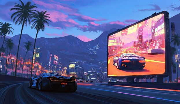 A futuristic race car,  speeding down a highway,  with a large game screen displaying a racing car game in the city background