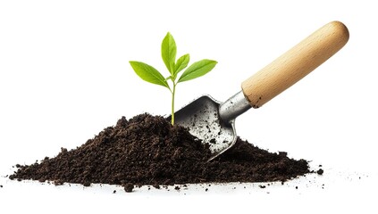 Sapling in soil with gardening trowel symbolizing growth and new beginnings