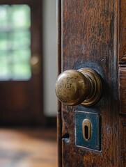 Fototapeta premium Closeup view of a brass doorknob on an elegant hotel room door showcasing classic design and intricate details Generative AI