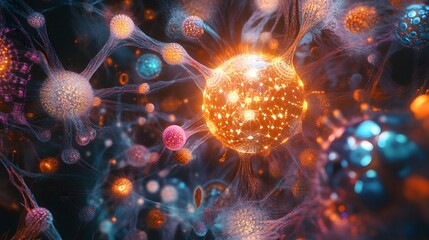 Fototapeta premium Microscopic Marvels: A stunning visual of microscopic structures, showcasing intricate cellular details in vibrant colors, creating a mesmerizing dance of biology.