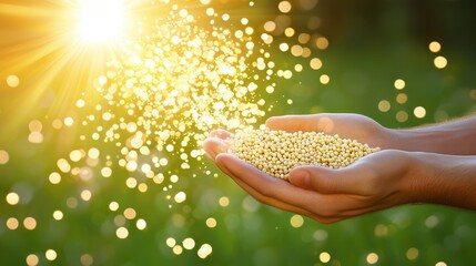 Harvesting bioenergy pellets hands cradling renewable resources in nature's embrace at sunset