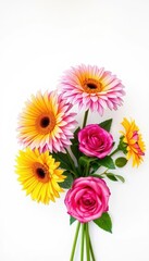 Dahlia, sunflower, magenta rose bouquet on white, celebration, vivid, photography