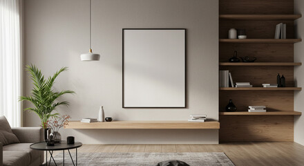 Modern minimalist living room interior design with blank canvas wooden shelves and natural light