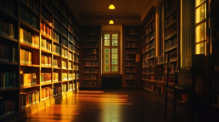 A Warmly Lit Interior Library Lined With Books and Sunlight
