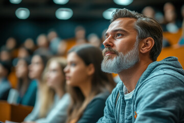 Obraz premium Bearded man sits in lecture room.