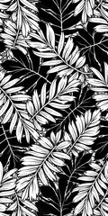 A seamless pattern of stylized palm leaves in black and white , creating a dense , tropical geometric design
