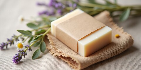 Handmade soap bar mockup placed on a natural linen with dried herbs
