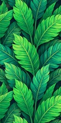 A seamless pattern of stylized palm leaves in shades of green , creating a dense , tropical foliage design with a vintage organic