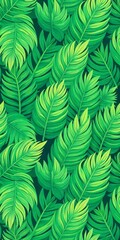 A seamless pattern of stylized palm leaves in shades of green , creating a dense , tropical foliage design with a vintage organic