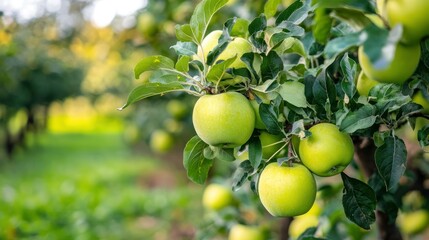 Green apples are growing on a tree in an orchard